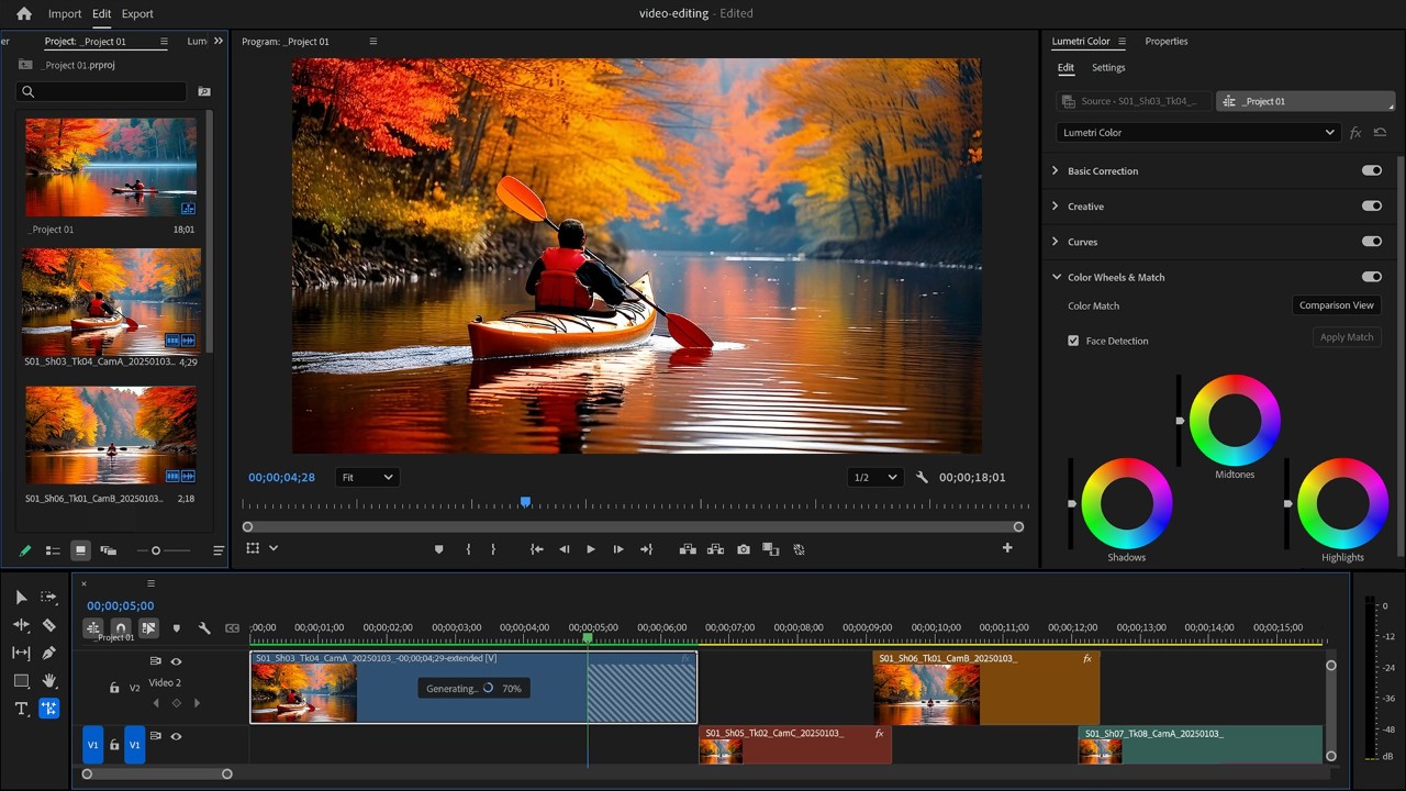 Video-editing application displaying a colourful kayaking scene